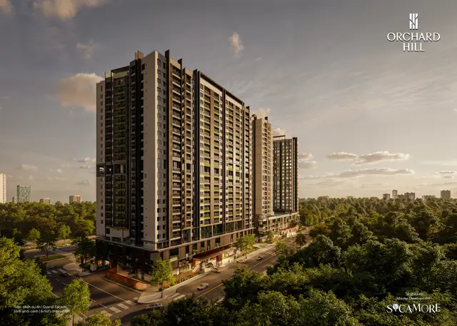 Hai tòa Orchard Hill lúc hoàng hôn